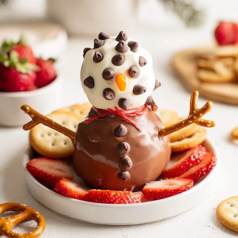 Festive dessert: a creamy Hot Cocoa Dip snowman ready to dip with graham crackers and fruit.