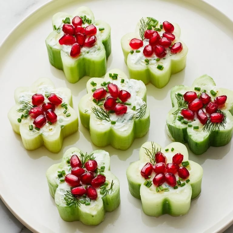 Elegant Snowflake cucumber cups appetizer ready to serve; filled with a tangy, fresh, colorful salad.