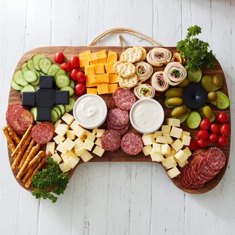 Visually appealing controller snack platter with fresh vegetables, meats, and dips arranged for game night enjoyment.