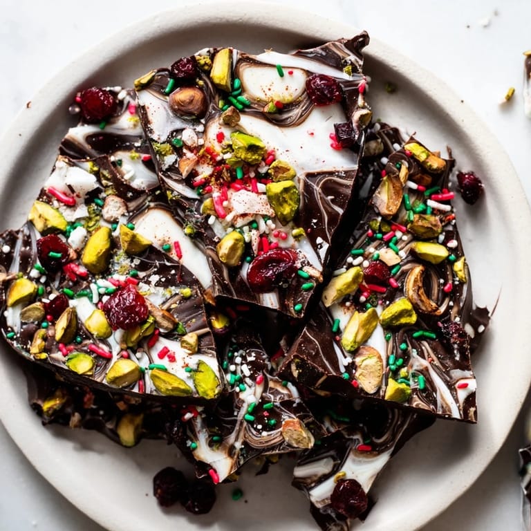 Sweet and salty Holiday Bark: dark chocolate base adorned with vibrant toppings, broken into perfect pieces to share.