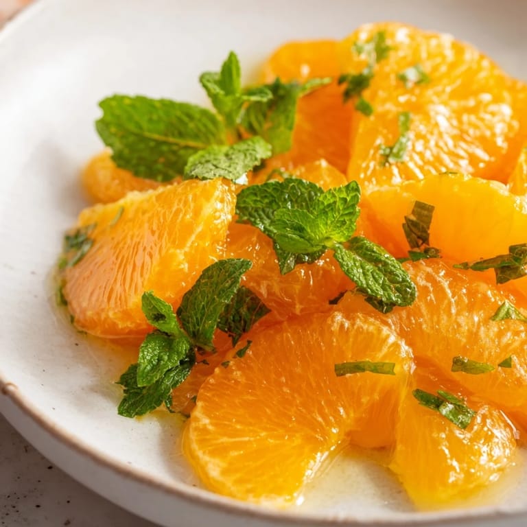 A close-up shot of a bright clementine and mint winter fruit salad, ready to be enjoyed.