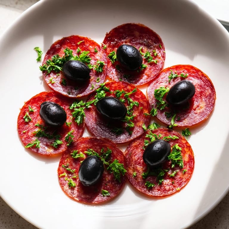 Freshly prepared pepperoni slices with olive halves, a gluten-free snack option perfect for serving guests.