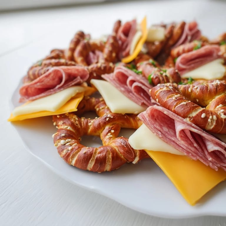 Delicious Lattice Window featuring a perfect lattice of golden pretzel sticks over meats and cheeses, ready to serve and enjoy.