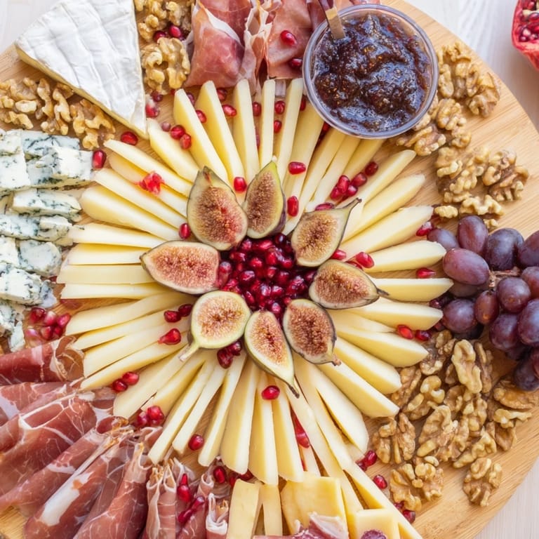 Holiday Éclat d’Étoiles Planche de Noël features artfully arranged cheeses, cured meats, and fresh fruits for serving.