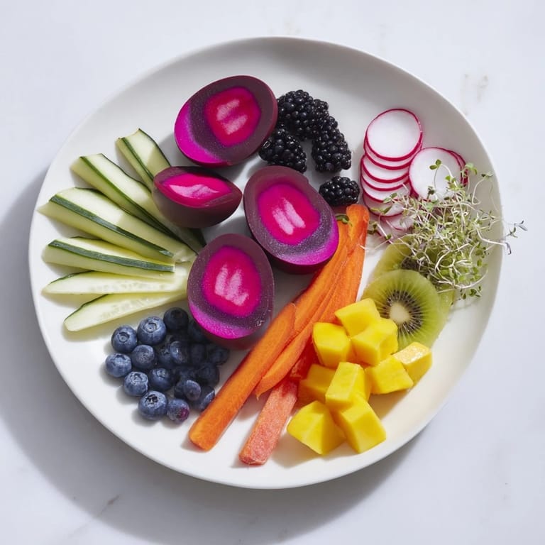 The Neon Night features a striking arrangement: pickles, eggs, and fruit bursting with color.