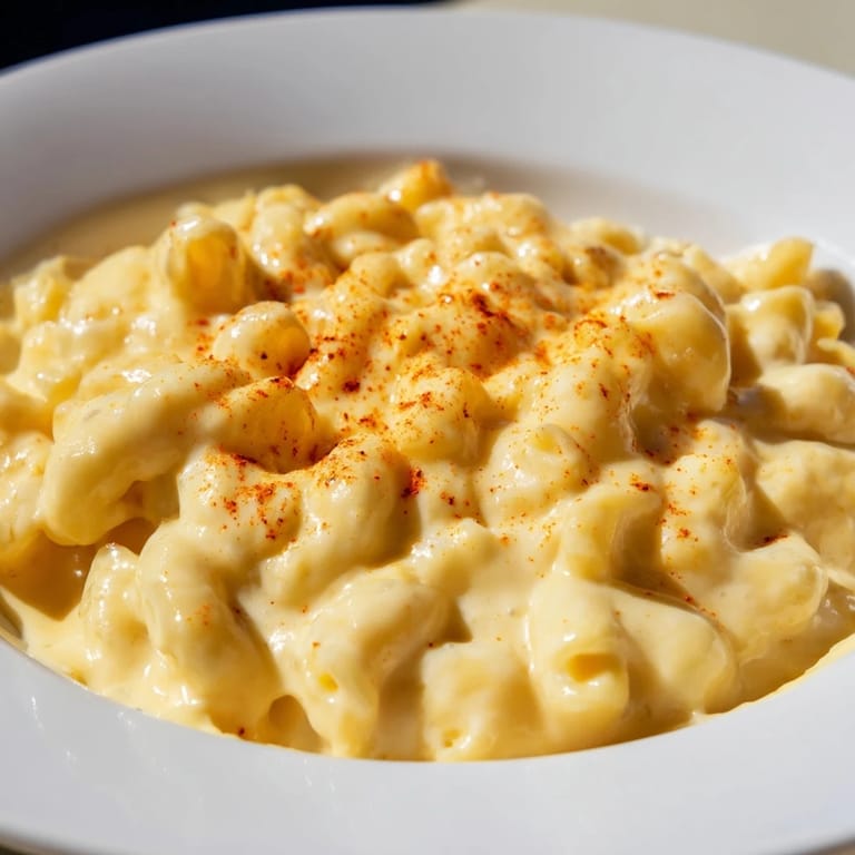 A close-up of steaming Tinis Recession Mac and Cheese with a velvety cheese sauce, perfect for dinner.