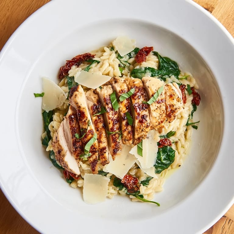 Enjoy a warm plate of flavorful Marry Me Chicken Orzo, rich with parmesan and herbs, ideal for lunch.