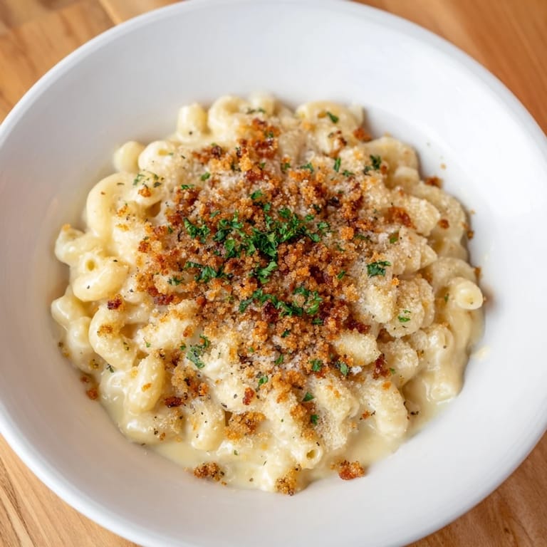A close-up of creamy Tinis Mac and Cheese with bacon, highlighting the textural contrast of cheese and bacon.