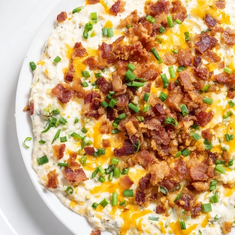 Golden brown, creamy Cheesy Bacon Ranch Dip, studded with bacon bits and ready to serve warm.
