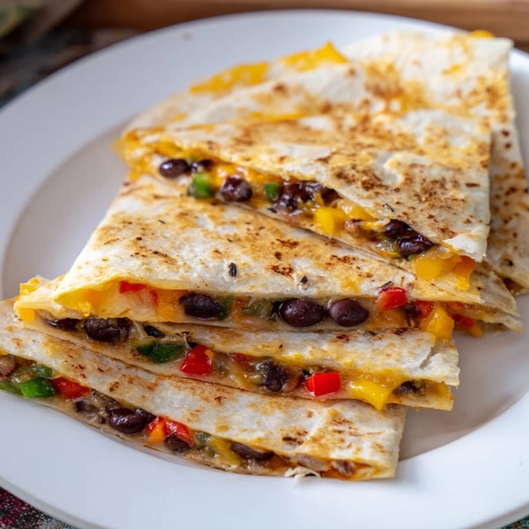 A sizzling skillet of Black Bean Quesadilla with melted cheese and fresh bell peppers.