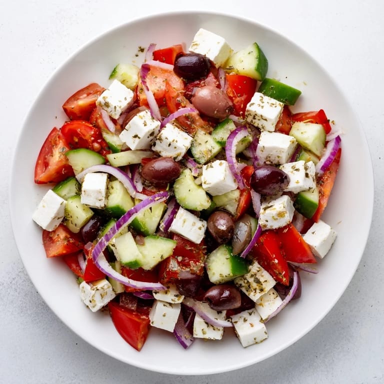 Freshly tossed Mediterranean Salad, featuring juicy tomatoes, cucumbers, and briny olives, drizzled with olive oil.