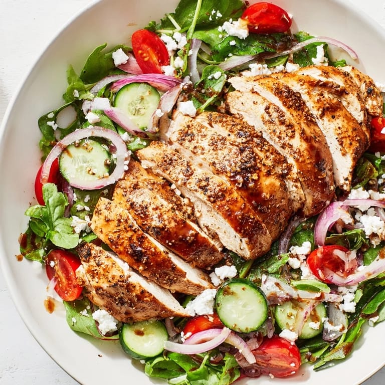 Warm, pan-seared chicken salad: juicy chicken atop a tossed salad with tomatoes and onions.