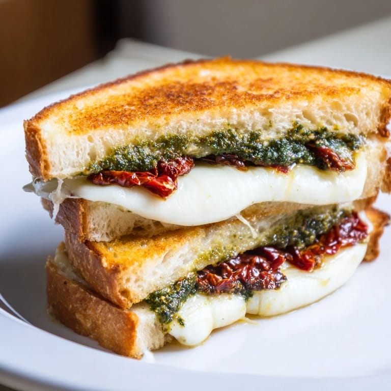 Crispy, toasted bread surrounds delicious melted mozzarella and pesto in this tempting pesto grilled cheese.