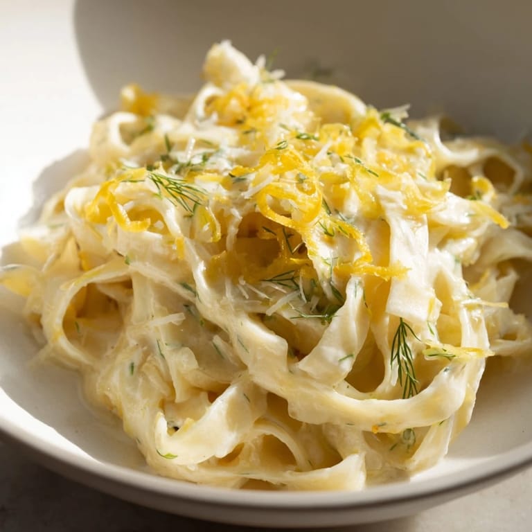 A steaming bowl of Creamy Dill Pasta, a flavorful vegetarian main course with lemon and herbs.