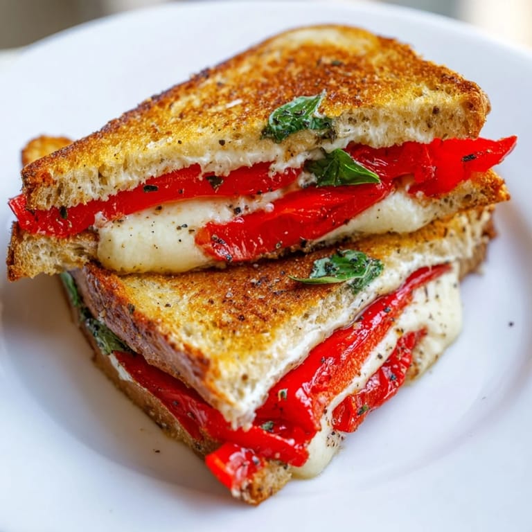 A perfectly angled shot of a warm, melty Roasted Red Pepper Grilled Cheese sandwich, ready to be devoured.