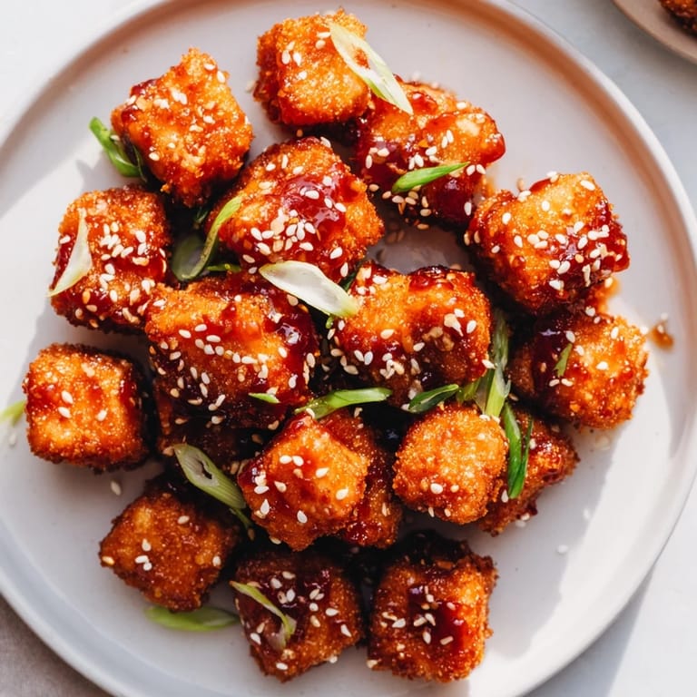 Air-fried Honey Sriracha Tofu Nuggets, coated in a sticky sauce and sprinkled with sesame seeds.
