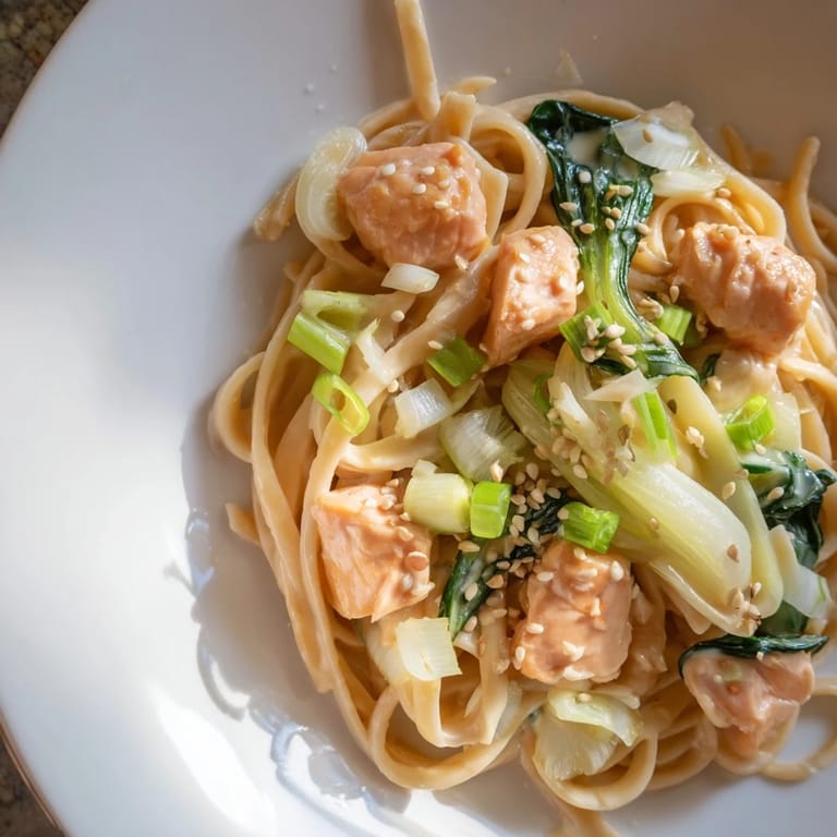 Delicious Miso Butter Salmon Pasta: a beautiful plate of pasta with a rich, savory miso glaze.