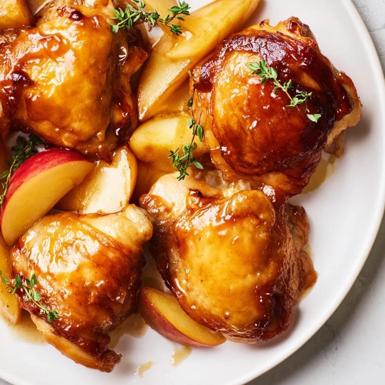 Delectable, baked Sticky Maple Apple Chicken, showcasing perfectly caramelized skin and tender apples.