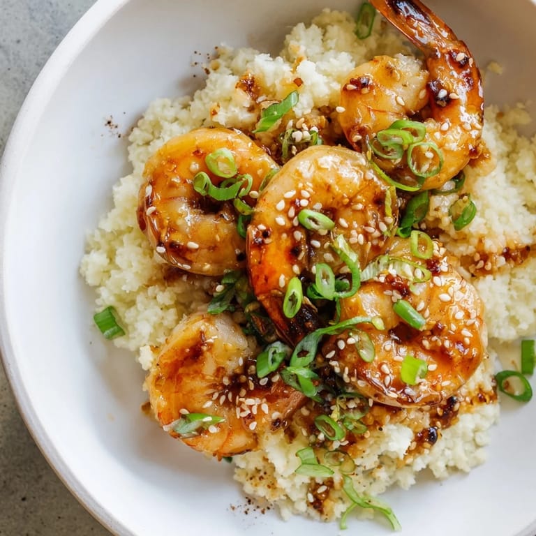 Sizzling ginger garlic shrimp bowls served over fluffy cauliflower rice, a healthy meal.