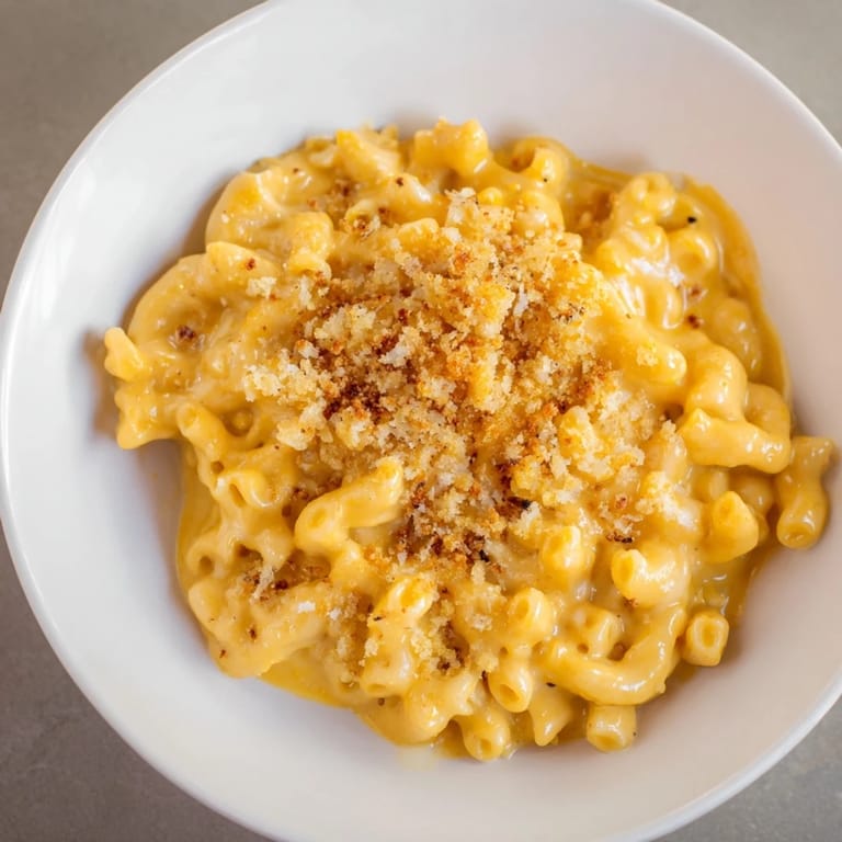 A steaming bowl of Pumpkin Mac & Cheese, with a swirl of pumpkin in the rich cheese sauce, looks amazing.