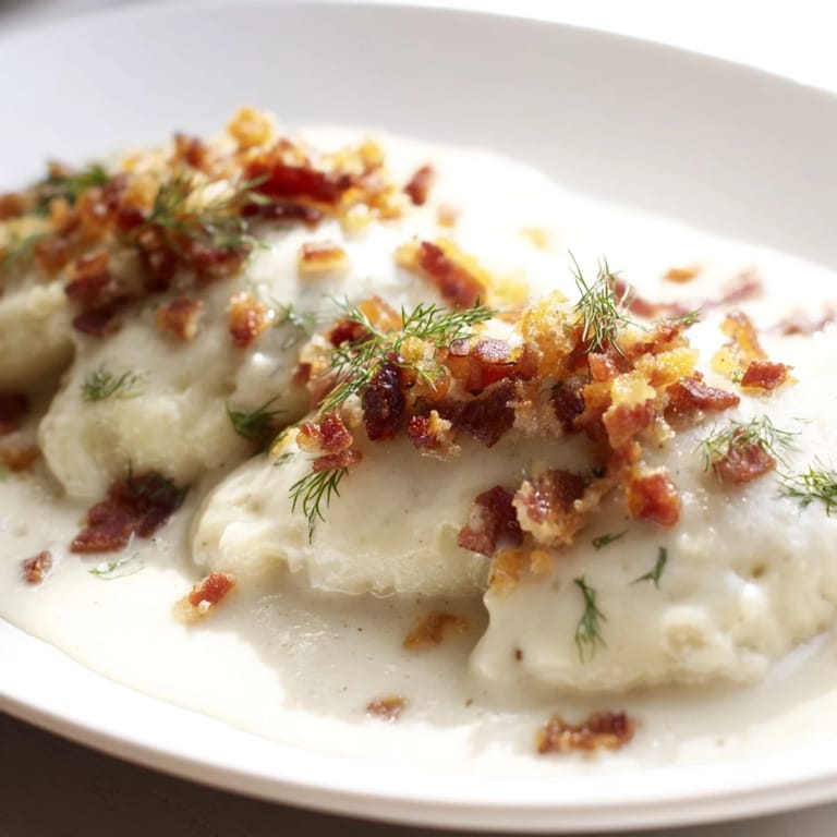 A steaming plate of Lithuanian Cepelinai sits, showcasing potato dumplings and creamy, rich sauce for dinner.