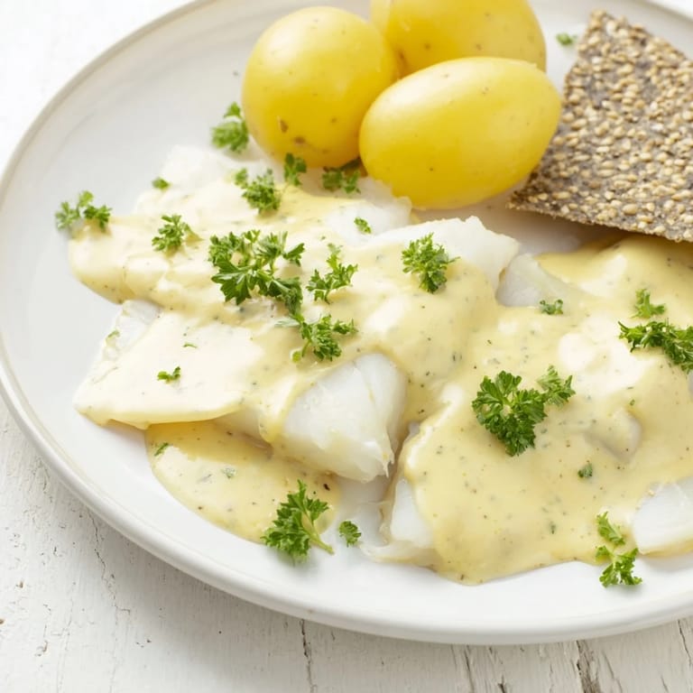 Steaming hot lutefisk, a traditional Norwegian dish, covered in luscious mustard sauce, ready to be enjoyed.