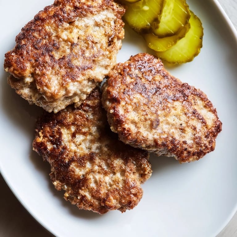 Juicy, flavorful Danish frikadeller served next to a pile of crunchy, sour Danish pickles.