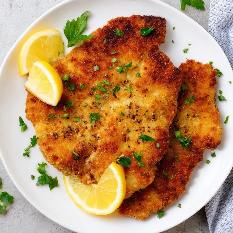 A beautifully plated German schnitzel cutlet, showing the golden breading and tender meat inside.