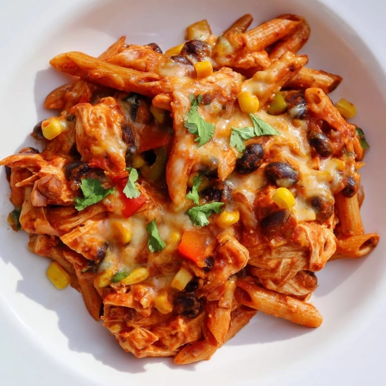 Chicken Enchilada Pasta served in a white bowl, garnished with fresh cilantro and diced avocado for a vibrant, Tex-Mex dinner.