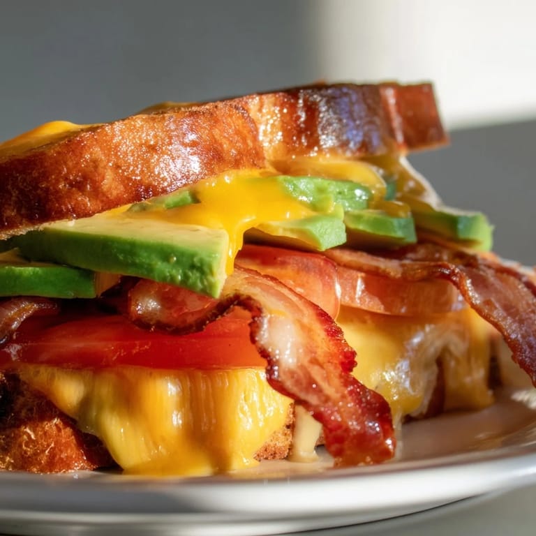 Freshly grilled Avocado BLT Grilled Cheese rests on a plate with potato chips and a pickle spear, ready to be enjoyed.