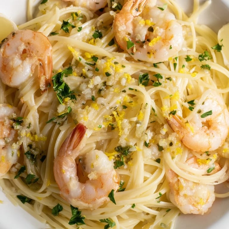 Steaming Garlic Butter Shrimp Linguine served on a rustic plate, finished with lemon zest and Parmesan.