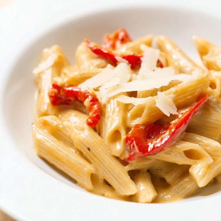 A close-up of creamy Cajun pasta tossed in a rich sauce, topped with grated Parmesan and a glass of wine.