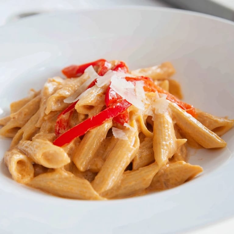 Vegetarian Creamy Cajun pasta in a skillet, steam rising, with colorful roasted peppers and a sprinkle of parsley.