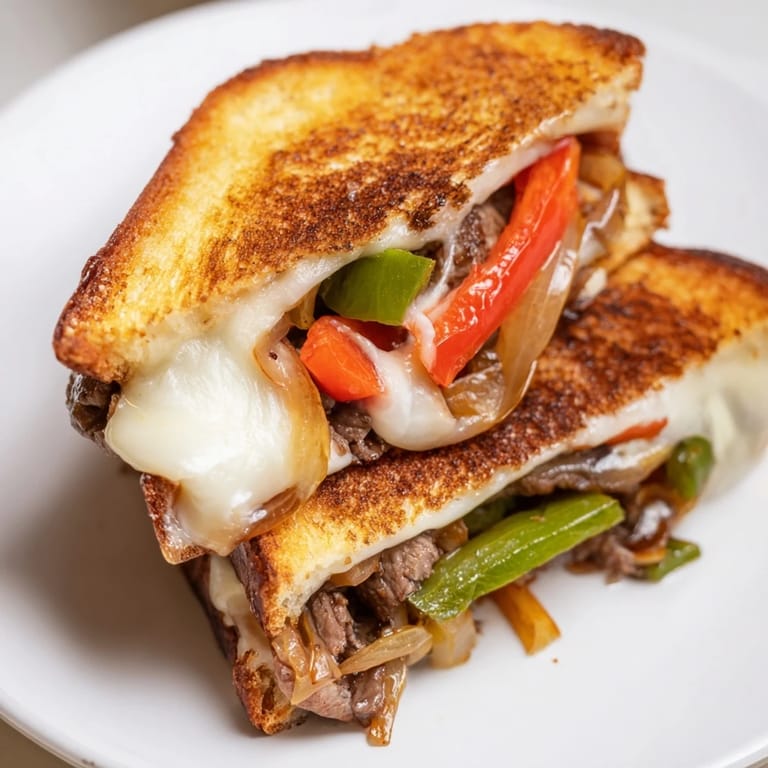 A hot Philly Cheesesteak Grilled Cheese sandwich cut in half, revealing juicy ribeye strips, sautéed bell peppers, onions, and gooey provolone cheese layers.