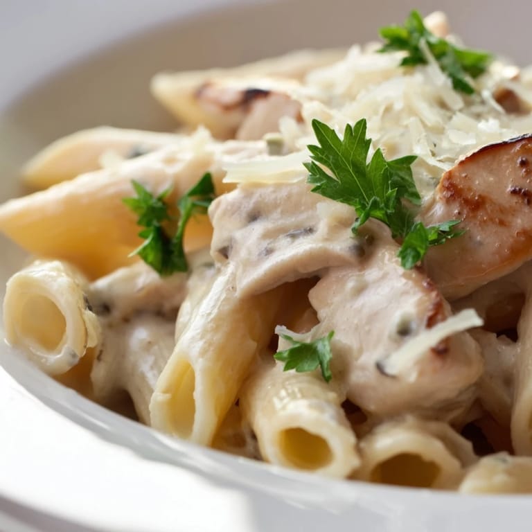 Steaming bowl of Roasted Garlic Chicken Penne garnished with parsley and freshly grated Parmesan cheese.