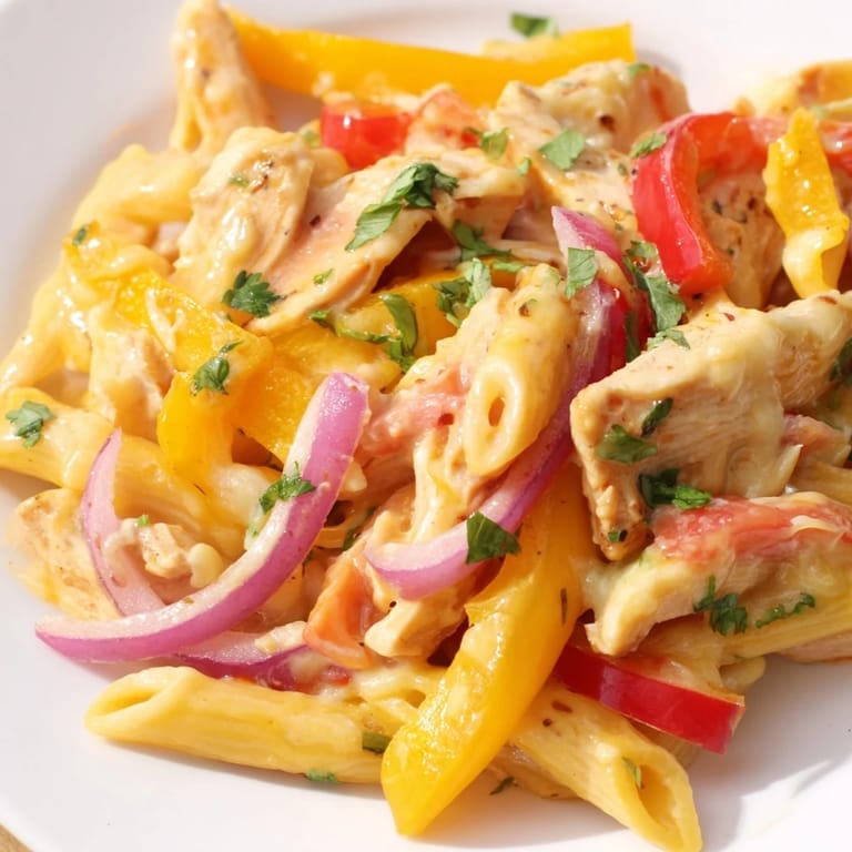 Served hot from the skillet, this Tex-Mex pasta dish is garnished with cilantro and lime wedges.