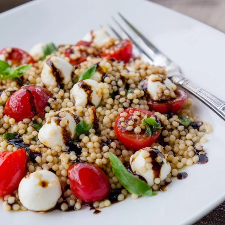 Served chilled on a platter, the Caprese Couscous Salad glistens with balsamic glaze, showcasing colorful tomatoes and mozzarella alongside fragrant basil for a perfect summer side dish.