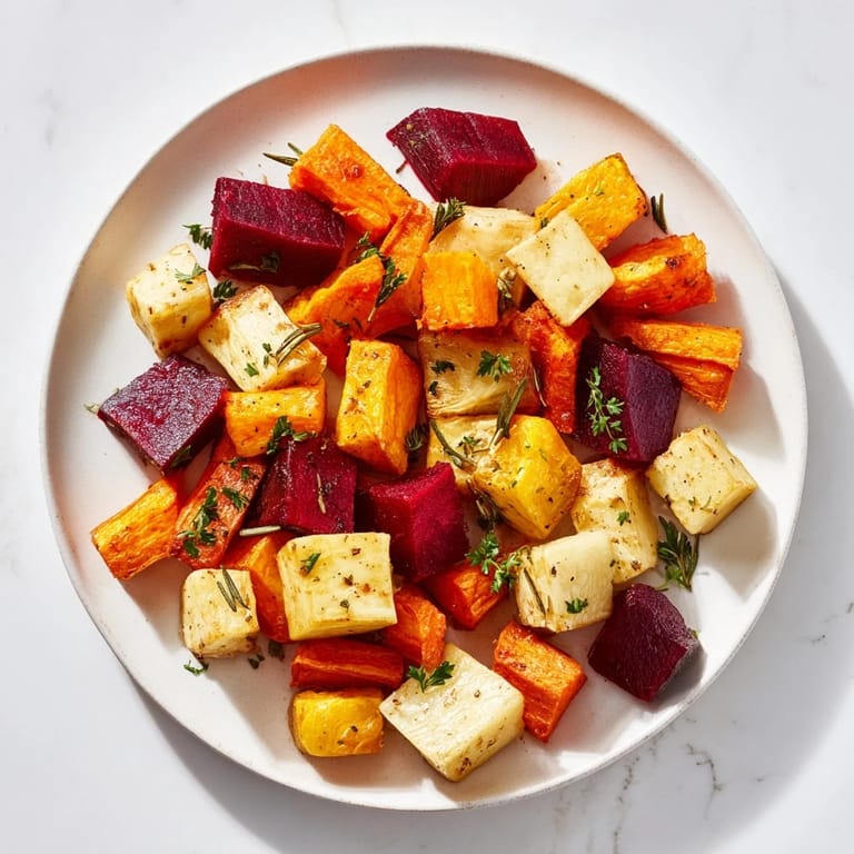 Warm roasted root vegetable medley served alongside a slice of crusty bread on a bright kitchen counter.