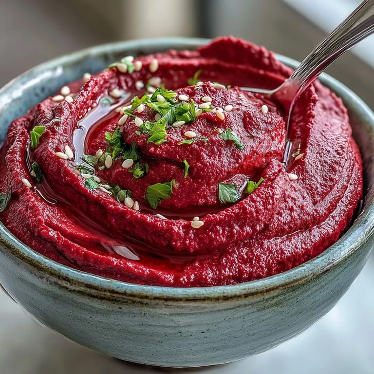 Creamy, earthy Roasted Beet Hummus garnished with olive oil, perfect for appetizers.