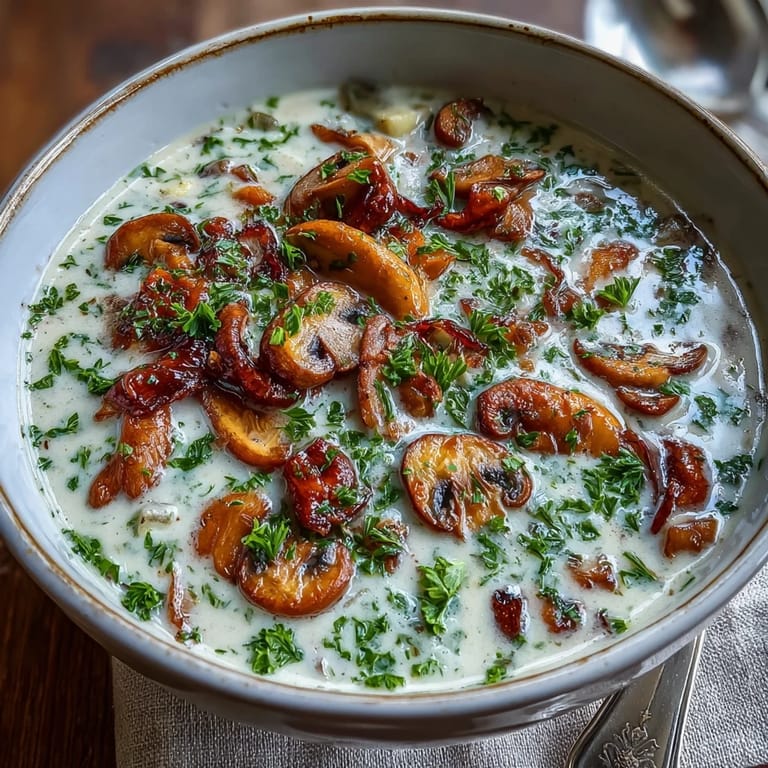 Hearty Creamy Mushroom Stroganoff Soup spoonfuls ready for a cozy supper.
