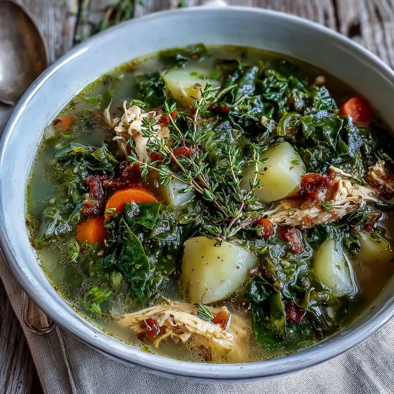 Hearty, flavorful Collard Greens Chicken Vegetable Soup, loaded with potatoes and healthy greens, ready to serve.