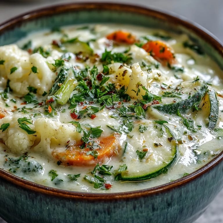 Hearty Creamy Vegetable Soup, a velvety blend of garden vegetables steaming hot.