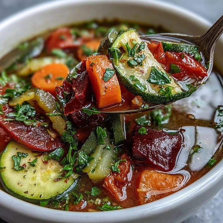 A close-up shows chopped tomatoes and green pepper in the Rainbow Vegetable Detox Soup, garnished with fresh parsley for a vibrant finish.