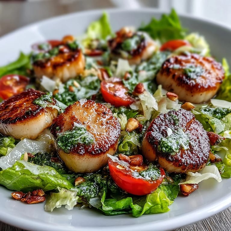 A drizzle of pesto vinaigrette coats the plump scallops beside shaved Parmesan and pine nuts.
