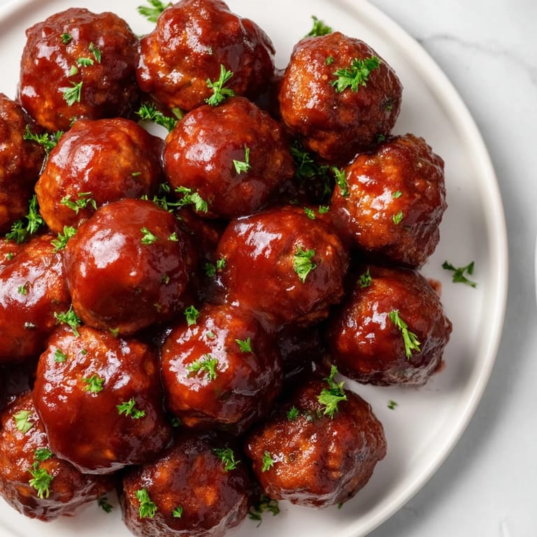 Juicy cherry BBQ meatballs simmering, ready to serve and bursting with sweet and smoky flavors.