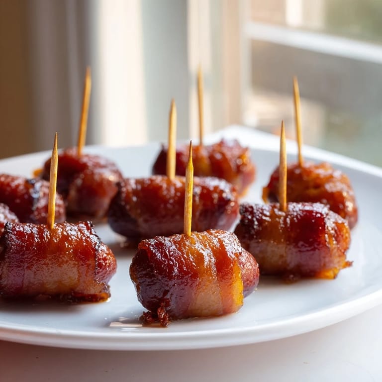 Melted brown sugar coats the crisp 3-Ingredient Bacon-Wrapped Smokies, an easy crowd-pleasing snack.