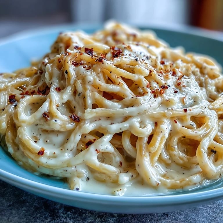 Plate of Cacio e Pepe served with a glass of white wine and fresh parsley.