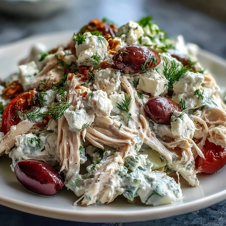 Freshly made Tzatziki Chicken Salad served over spinach, with olives and avocado, perfect for a light lunch.