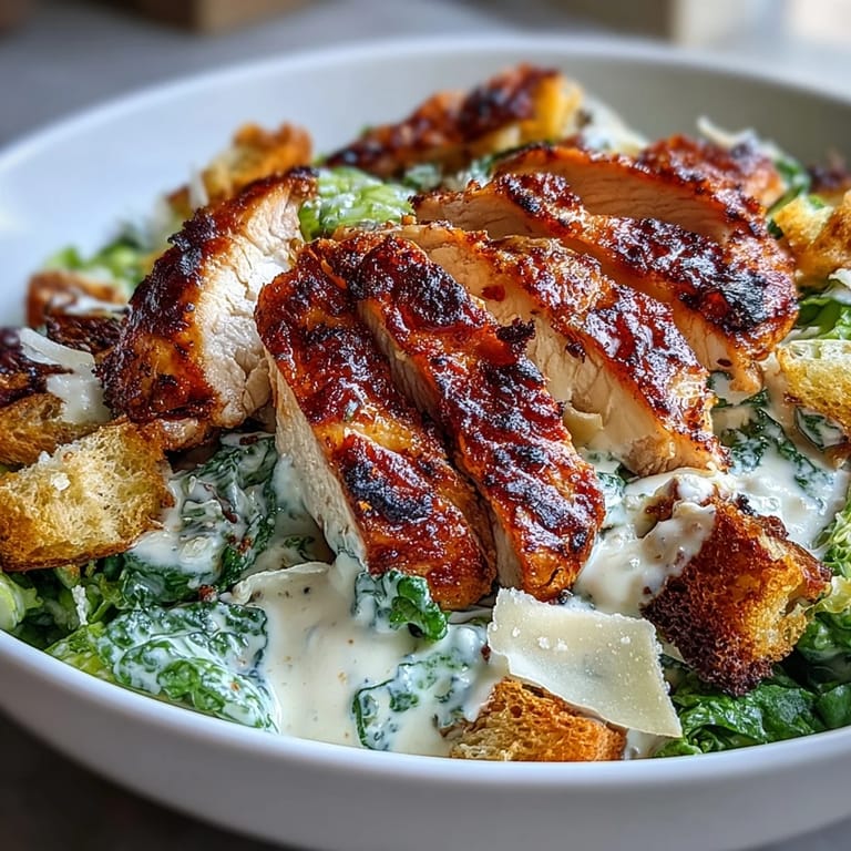 Tender, herb-seasoned chicken breast adds savory warmth to a colorful Caesar Chicken Bowl filled with fresh greens and creamy dressing.