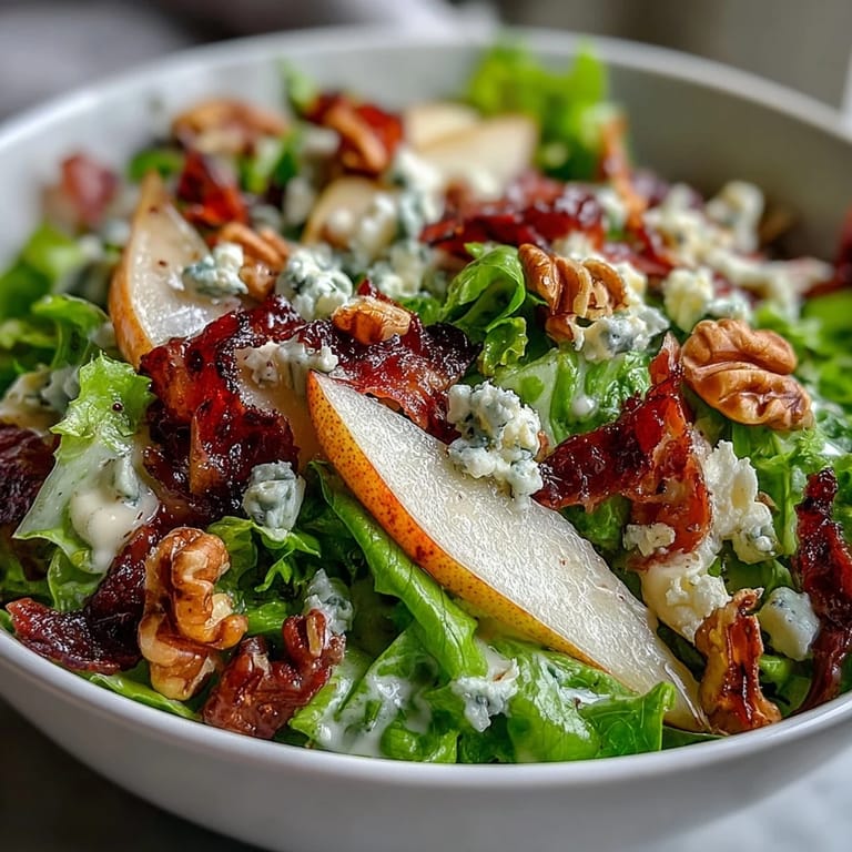 Glistening vinaigrette coats the frisée, pear, and blue cheese in this refreshing bowl. Crispy prosciutto adds a savory crunch to the colorful pear blue cheese salad.